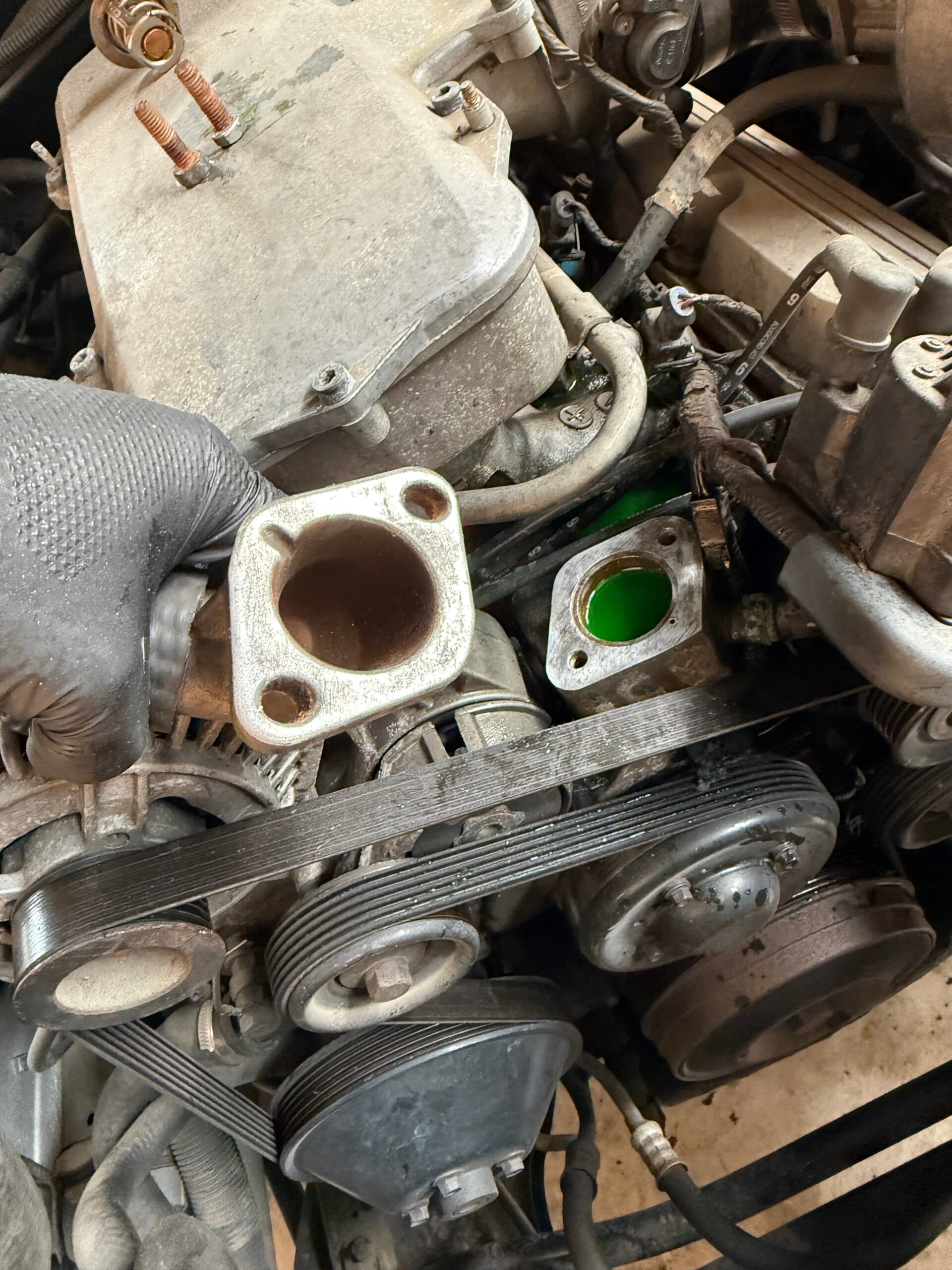 Cleaned Holden Commodore thermostat housing before gasket installation