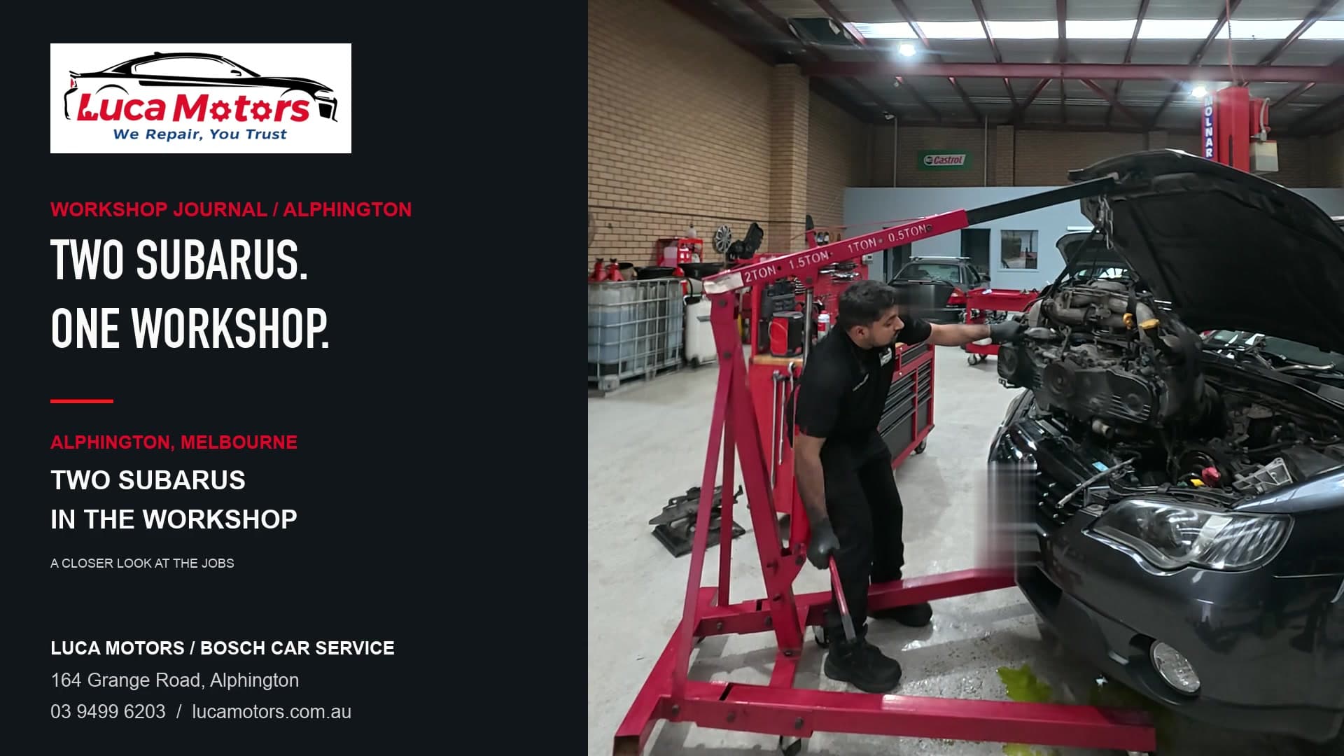 Two Subaru jobs at Luca Motors in Alphington: seal and gasket work and a separate engine replacement.